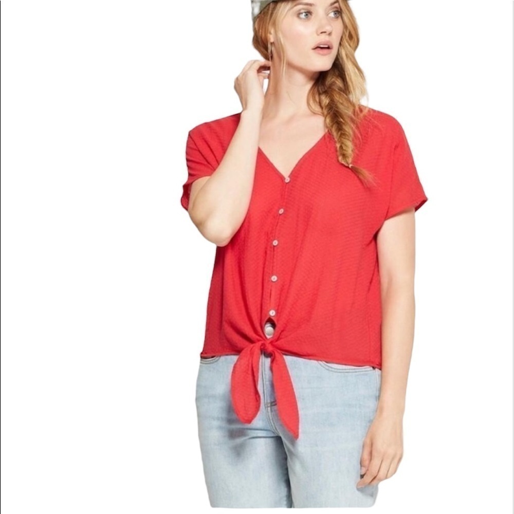 Universal Thread Universal Thread Red Front Tie Button Blouse Top Size M